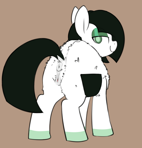 Size: 1082x1128 | Tagged: source needed, explicit, artist:shinodage, oc, oc:ponigiri, ponified, unofficial characters only, food pony, original species, pony, anatomically correct, anus, bedroom eyes, brown background, clitoris, dock, eyeshadow, female, food, looking at you, looking back, looking back at you, makeup, mare, nudity, onigiri pony, presenting, raised tail, simple background, smiling, solo, solo female, solo mare, tail, vulva, vulvar winking