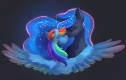 Size: 2385x1511 | Tagged: safe, artist:meringuebell, derpibooru import, princess luna, rainbow dash, alicorn, pegasus, pony, /mlp/, 4chan, black background, boop, bust, cute, dashabetes, eyes closed, female, gray background, happy, image, lesbian, lunabetes, lunadash, mare, miss /mlp/, miss /mlp/ 2020, noseboop, nuzzling, png, shipping, simple background, smiling, spread wings, wings