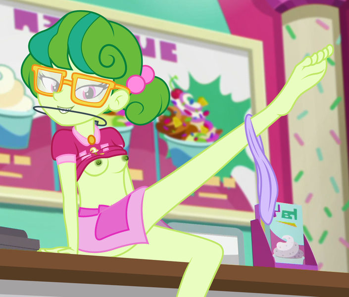 Size: 1110x945 | Tagged: questionable, anonymous editor, edit, edited screencap, screencap, stella sprinkles, equestria girls, equestria girls series, tip toppings, spoiler:eqg series (season 2), bedroom eyes, braces, breasts, clothes, female, food, frozen yogurt, glasses, nipples, nudity, orthodontic headgear, panties, panties around leg, partial nudity, partial nudity edit, raised leg, sitting, solo, solo female, underwear, undressing, yogurt