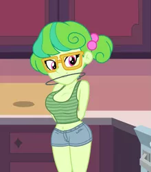 Size: 947x1074 | Tagged: safe, anonymous editor, edit, edited screencap, screencap, stella sprinkles, equestria girls, equestria girls series, tip toppings, spoiler:eqg series (season 2), barrette, belly button, braces, clothes, clothes edit, female, glasses, looking at you, orthodontic headgear, shorts, solo, tanktop