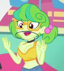 Size: 976x1080 | Tagged: suggestive, anonymous editor, edit, edited screencap, screencap, stella sprinkles, equestria girls, equestria girls series, tip toppings, spoiler:eqg series (season 2), braces, breasts, choker, cleavage, clothes edit, female, glasses, open mouth, orthodontic headgear, solo