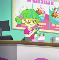 Size: 868x884 | Tagged: safe, anonymous editor, edit, edited screencap, screencap, stella sprinkles, equestria girls, equestria girls series, tip toppings, tip toppings: twilight sparkle, spoiler:eqg series (season 2), adorkable, blushing, braces, cash register, cashier, cropped, cute, dork, female, floating heart, food, frozen yogurt, frozen yogurt shop, glasses, heart, mobile phone, phone, pigtails, sign, smartphone, smiling, twintails, yogurt