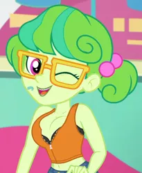 Size: 832x1014 | Tagged: suggestive, anonymous editor, edit, edited screencap, screencap, stella sprinkles, equestria girls, equestria girls series, tip toppings, spoiler:eqg series (season 2), belly button, bra, braces, cleavage, clothes, clothes edit, female, glasses, one eye closed, open mouth, spit, underwear, wink