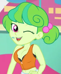 Size: 832x1014 | Tagged: suggestive, anonymous editor, edit, edited screencap, screencap, stella sprinkles, equestria girls, equestria girls series, tip toppings, spoiler:eqg series (season 2), belly button, bra, cleavage, clothes, clothes edit, female, one eye closed, open mouth, panties, spit, underwear, wink