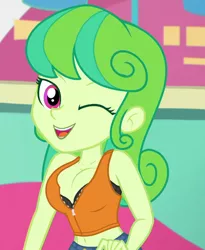 Size: 832x1014 | Tagged: suggestive, anonymous editor, edit, edited screencap, screencap, stella sprinkles, equestria girls, equestria girls series, tip toppings, spoiler:eqg series (season 2), alternate hairstyle, belly button, bra, cleavage, clothes, clothes edit, female, one eye closed, open mouth, underwear, wink