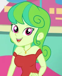 Size: 832x1014 | Tagged: safe, anonymous editor, edit, edited screencap, screencap, stella sprinkles, equestria girls, equestria girls series, tip toppings, spoiler:eqg series (season 2), alternate hairstyle, clothes, clothes edit, dress, female, jewelry, looking at you, necklace, open mouth