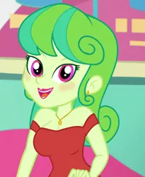 Size: 832x1014 | Tagged: safe, anonymous editor, edit, edited screencap, screencap, stella sprinkles, equestria girls, equestria girls series, tip toppings, spoiler:eqg series (season 2), alternate hairstyle, blushing, clothes, clothes edit, dress, ear piercing, earring, female, jewelry, lipstick, looking at you, makeup, necklace, open mouth, piercing