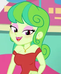 Size: 832x1014 | Tagged: safe, anonymous editor, edit, edited screencap, screencap, stella sprinkles, equestria girls, equestria girls series, tip toppings, spoiler:eqg series (season 2), alternate hairstyle, blushing, clothes, clothes edit, dress, ear piercing, earring, female, jewelry, lidded eyes, lipstick, looking at you, makeup, necklace, open mouth, piercing