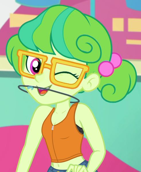 Size: 832x1014 | Tagged: suggestive, anonymous editor, edit, edited screencap, screencap, stella sprinkles, equestria girls, equestria girls series, tip toppings, spoiler:eqg series (season 2), belly button, bra, braces, clothes, clothes edit, delicious flat chest, female, glasses, one eye closed, open mouth, orthodontic headgear, spit, underwear, wink