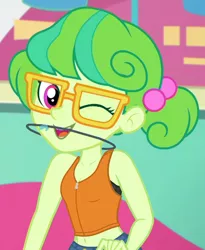 Size: 832x1014 | Tagged: suggestive, anonymous editor, edit, edited screencap, screencap, stella sprinkles, equestria girls, equestria girls series, tip toppings, spoiler:eqg series (season 2), belly button, bra, braces, clothes, clothes edit, delicious flat chest, female, glasses, one eye closed, open mouth, orthodontic headgear, spit, underwear, wink