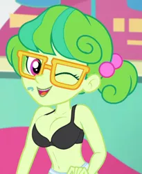 Size: 832x1014 | Tagged: suggestive, anonymous editor, edit, edited screencap, screencap, stella sprinkles, equestria girls, equestria girls series, tip toppings, spoiler:eqg series (season 2), belly button, bra, braces, cleavage, clothes, clothes edit, female, glasses, one eye closed, open mouth, panties, spit, underwear, underwear edit, wink