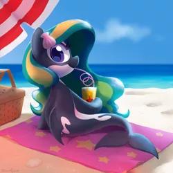Size: 2100x2100 | Tagged: artist:dawnfire, basket, beach, clam, cute, drinking, everfree northwest, female, looking back, oc, ocean, oc:marina (efnw), orca, orca pony, original species, picnic basket, safe, sea pony, solo, swirly straw, unofficial characters only