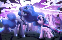 Size: 2500x1617 | Tagged: safe, artist:dawnfire, princess luna, twilight sparkle, twilight sparkle (alicorn), alicorn, pony, fanfic:the enchanted kingdom, dream realm, fanfic art, female, hoof shoes, horn, lidded eyes, magic, mare, open mouth, peytral, raised hoof, teary eyes, watermark, wings