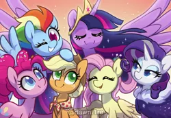 Size: 1308x900 | Tagged: safe, artist:dawnfire, applejack, fluttershy, pinkie pie, princess twilight 2.0, rainbow dash, rarity, twilight sparkle, twilight sparkle (alicorn), alicorn, earth pony, pegasus, pony, unicorn, the last problem, clothes, coat, eyes closed, female, fur coat, group shot, horn, lidded eyes, mane six, mare, older, older applejack, older fluttershy, older mane six, older pinkie pie, older rainbow dash, older rarity, older twilight, one eye closed, smiling, watermark, wings, wink