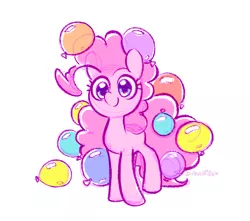 Size: 1129x1000 | Tagged: safe, artist:dawnfire, pinkie pie, earth pony, pony, balloon, cute, female, image, jpeg, looking at you, mare, signature, simple background, smiling, static electricity, white background