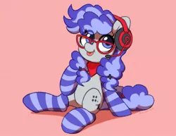 Size: 1263x976 | Tagged: safe, artist:dawnfire, oc, oc:cinnabyte, unofficial characters only, earth pony, pony, bandana, clothes, cute, female, glasses, headset, looking up, mare, mlem, pink background, signature, silly, simple background, socks, striped socks, tongue out