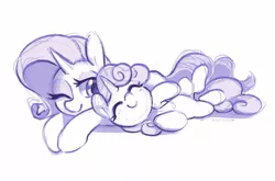 Size: 1500x991 | Tagged: safe, artist:dawnfire, rarity, sweetie belle, pony, unicorn, cute, eyes closed, female, filly, horn, lying down, mare, monochrome, one eye closed, siblings, side, signature, simple background, sisters, smiling, white background