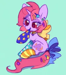 Size: 1201x1373 | Tagged: safe, artist:dawnfire, oc, oc:dawnfire, unofficial characters only, pony, unicorn, bow, clothes, cute, ear piercing, earring, female, horn, jewelry, lidded eyes, mare, mismatched socks, piercing, signature, simple background, sitting, socks, solo, striped socks, tail bow, turquoise background