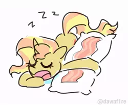 Size: 1000x823 | Tagged: safe, artist:dawnfire, sunset shimmer, pony, unicorn, bacon, body pillow, drool, eyes closed, female, food, horn, mare, meat, onomatopoeia, open mouth, sleeping, solo, sound effects, zzz