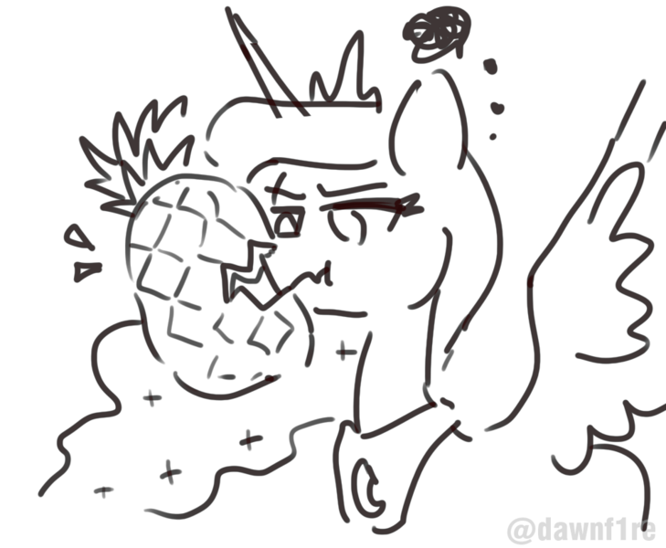 Size: 1000x823 | Tagged: safe, artist:dawnfire, princess luna, alicorn, pony, black and white, female, food, grayscale, horn, mare, monochrome, peytral, pineapple, scrunchy face, simple background, sketch, solo, spread wings, unamused, watermark, white background, wings