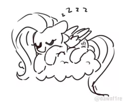 Size: 1000x823 | Tagged: safe, artist:dawnfire, fluttershy, pegasus, pony, black and white, cloud, cute, eyes closed, female, grayscale, mare, monochrome, on a cloud, onomatopoeia, simple background, sketch, sleeping, sleeping on cloud, solo, sound effects, watermark, white background, wings, zzz