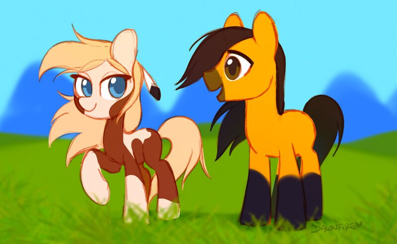 Size: 2786x1714 | Tagged: safe, artist:dawnfire, ponified, ponified:rain, ponified:spirit, unofficial characters only, earth pony, pony, feather, feather in hair, female, field, looking at each other, male, mare, rain (character), raised hoof, signature, socks (coat marking), spirit (character), spirit: stallion of the cimarron, stallion