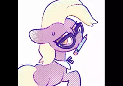 Size: 937x660 | Tagged: safe, artist:dawnfire, grace manewitz, earth pony, pony, female, floppy ears, glasses, looking at you, looking back, looking back at you, mare, mouth hold, pencil, signature, simple background, solo, white background