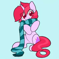 Size: 1503x1504 | Tagged: safe, artist:dawnfire, oc, oc:dawnfire, unofficial characters only, pony, unicorn, clothes, cute, cyan background, female, horn, looking at you, mare, scarf, simple background, sitting, solo