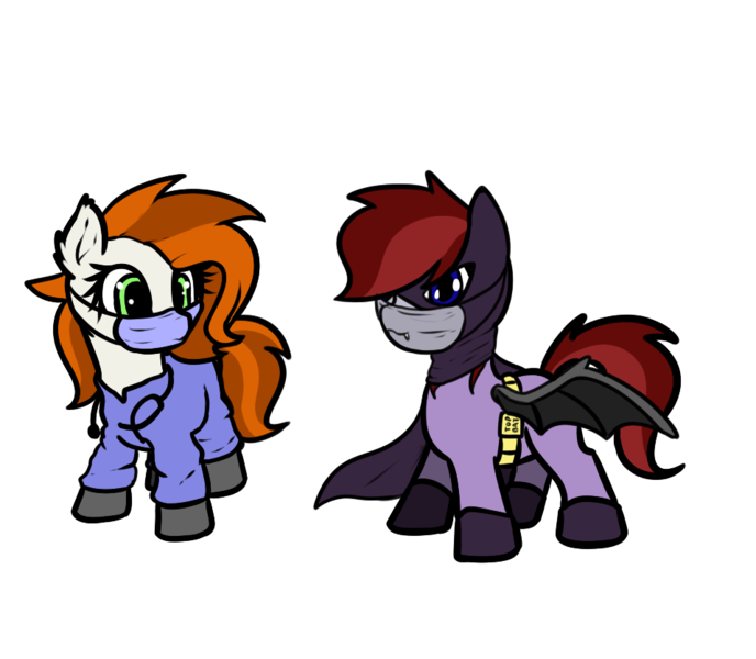 Size: 958x835 | Tagged: safe, artist:neuro, oc, oc:brave, oc:vannie, unofficial characters only, bat pony, earth pony, pony, bat wings, cape, clothes, costume, duo, duo female, duo mare, face mask, female, halloween, halloween costume, mare, mask, scrubs, simple background, transparent background, wings