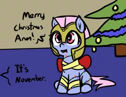 Size: 757x586 | Tagged: safe, artist:neuro, oc, unnamed oc, unofficial characters only, crystal pony, pegasus, pony, armor, bow, christmas, christmas lights, christmas tree, cute, dialogue, female, garland, guardsmare, helmet, holiday, mare, offscreen character, open mouth, royal guard, sitting, tree, wrapped up