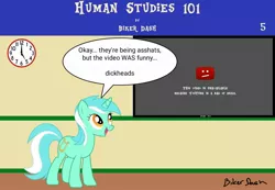 Size: 1920x1330 | Tagged: safe, artist:biker dash, derpibooru import, lyra heartstrings, pony, unicorn, comic:human studies 101, clock, comic, cutie mark, equestria (font), female, human studies101 with lyra, image, jpeg, mare, meme, signature, speech bubble, television, vulgar, webcomic, youtube