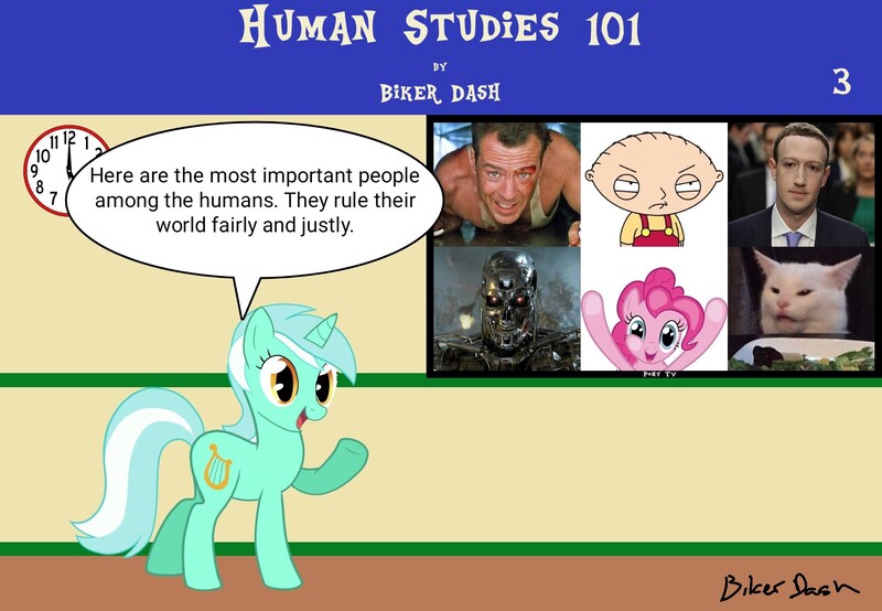 Size: 1920x1330 | Tagged: safe, artist:biker dash, derpibooru import, lyra heartstrings, pinkie pie, cat, earth pony, human, pony, unicorn, comic:human studies 101, 4th wall break, bruce willis, clock, comic, cutie mark, die hard, equestria (font), family guy, female, gesture, human male, human studies101 with lyra, image, irl, irl human, irl photo, jpeg, male, mare, mark zuckerberg, meme, photo, picture, signature, smudge the cat, speech bubble, stewie griffin, television, the terminator, webcomic