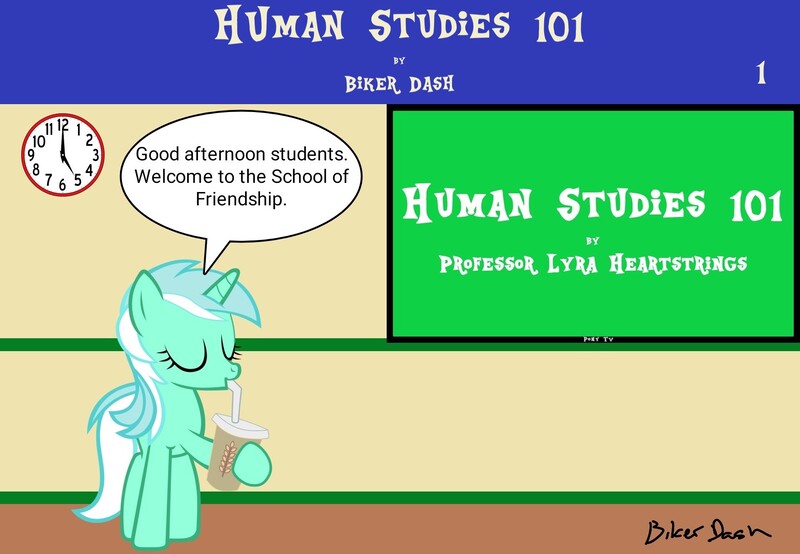 Size: 1920x1330 | Tagged: safe, artist:biker dash, derpibooru import, lyra heartstrings, pony, unicorn, comic:human studies 101, clock, comic, drink, drinking straw, equestria (font), eyes closed, female, human studies101 with lyra, image, implied school of friendship, jpeg, mare, meme, signature, sipping, speech bubble, television, webcomic