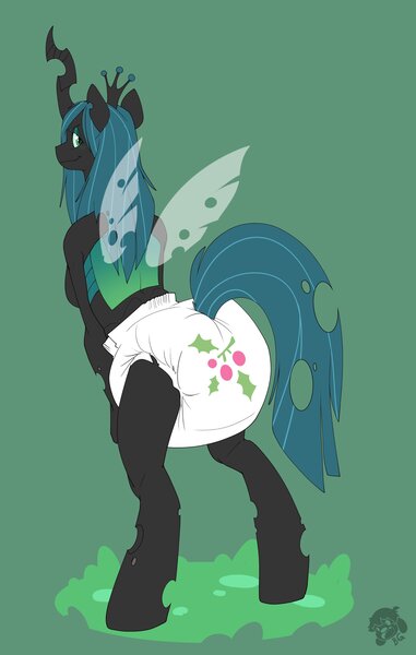 Size: 2599x4096 | Tagged: anthro, artist:cuddlehooves, breasts, changeling, changeling queen, diaper, diaper fetish, female, fetish, holly, looking at you, looking back, looking back at you, poofy diaper, queen chrysalis, simple background, solo, suggestive, unguligrade anthro