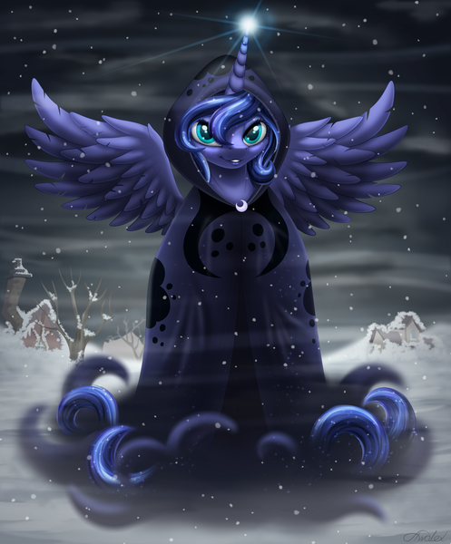 Size: 2111x2551 | Tagged: artist:awalex, night, princess luna, safe, snow, snowfall, solo, spirit of hearth's warming yet to come, tree, winter