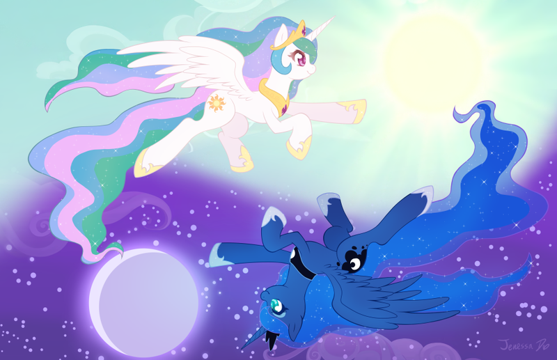 Size: 900x582 | Tagged: safe, artist:o0reika0o, princess celestia, princess luna, alicorn, pony, colored pupils, day, duo, female, flying, mare, moon, night, profile, royal sisters, siblings, sisters, spread wings, sun, wings, yin yang