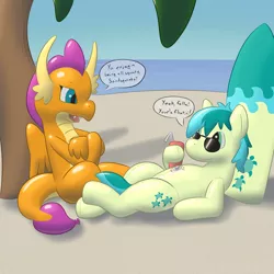 Size: 2000x2000 | Tagged: safe, artist:balloon-quilava, sandbar, smolder, dragon, earth pony, inflatable pony, pooltoy pony, balloon, beach, commission, dialogue, fetish, high res, inflatable, inflatable fetish, pool toy, shiny, sunglasses, surfboard, word balloon