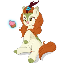 Size: 1083x1228 | Tagged: safe, artist:nathayro37, autumn blaze, kirin, cupcake, eating, female, food, frosting, hungry, levitation, licking, licking lips, magic, raised hoof, simple background, sitting, solo, telekinesis, tongue out, transparent background, vector