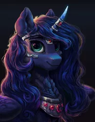 Size: 1280x1648 | Tagged: safe, artist:rysunkowasucharia, princess luna, alicorn, pony, alternate hairstyle, bust, chest fluff, cute, female, horn, horn jewelry, horn ring, jewelry, legitimately amazing mspaint, long hair, looking at you, lunabetes, mare, ms paint, regalia, ring, smiling, solo