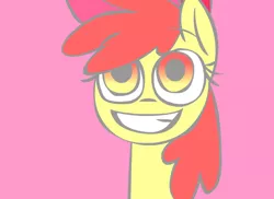 Size: 550x400 | Tagged: safe, artist:mushroomcookiebear, apple bloom, earth pony, pony, big eyes, creepy, creepy grin, grin, pink background, simple background, smiling, solo, stare