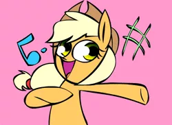 Size: 550x400 | Tagged: safe, artist:mushroomcookiebear, applejack, earth pony, pony, happy, music notes, pink background, simple background, singing, solo