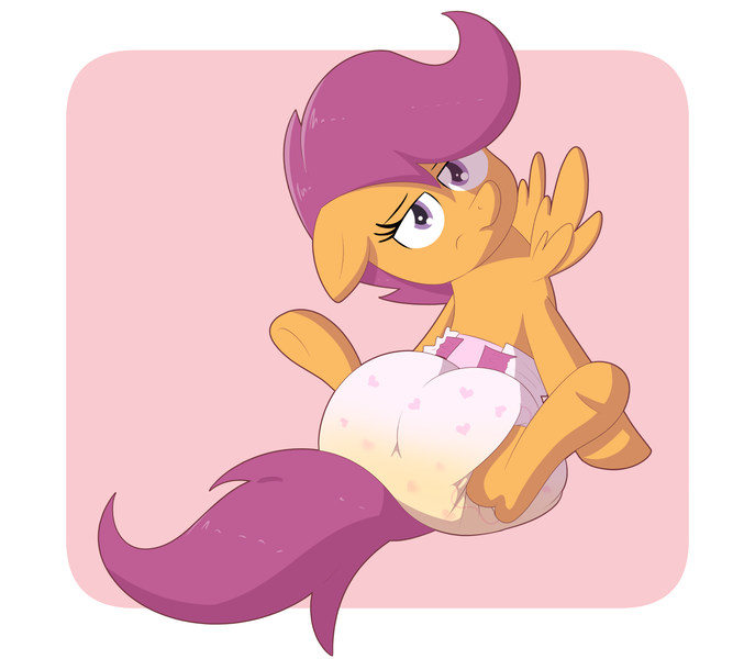 Size: 1465x1280 | Tagged: questionable, artist:zalakir, scootaloo, pony, diaper, diaper fetish, female, fetish, filly, poofy diaper, solo, solo female, spread legs, spread wings, spreading, urine, wet diaper, wings