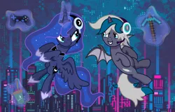 Size: 3600x2300 | Tagged: safe, artist:oyks, princess luna, oc, oc:elizabat stormfeather, alicorn, bat pony, bat pony alicorn, pony, gamer luna, alicorn oc, bat pony oc, bat wings, coffee, commission, controller, diamond pickaxe, duo, female, flying, food, gamer, glowing horn, grin, headset, hoof shoes, horn, jewelry, latte, looking at each other, mare, minecraft, pickaxe, playstation 4, raised hoof, raised leg, regalia, smiling, wings, ych result