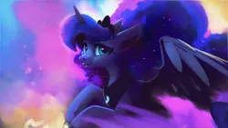 Size: 1920x1080 | Tagged: safe, artist:hierozaki, princess luna, alicorn, pony, crown, ethereal mane, female, heart, jewelry, mare, open mouth, regalia, solo, spread wings, starry mane, wings