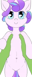 Size: 914x2194 | Tagged: safe, artist:happy harvey, princess flurry heart, oc, oc:anon, alicorn, human, pony, adult, baby, baby pony, belly button, drawn on phone, female, filly, foal, hand, holding a pony, horn, looking at you, male, offscreen character, pov, smiling, smiling at you