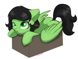 Size: 4000x3001 | Tagged: source needed, safe, artist:dumbwoofer, oc, oc:anonfilly, pegasus, pony, behaving like a cat, box, butt, cute, female, filly, if i fits i sits, looking at you, mare, plot, simple background, solo, transparent background