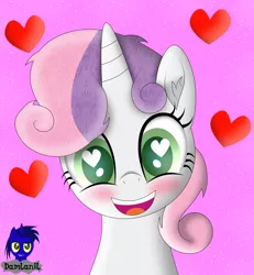 Size: 3840x4154 | Tagged: safe, artist:damlanil, sweetie belle, pony, unicorn, blushing, cute, diasweetes, female, filly, floating heart, happy, heart, heart eyes, horn, looking at you, mare, smiling, vector, weapons-grade cute, wingding eyes