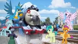 Size: 960x540 | Tagged: safe, edit, edited screencap, screencap, gallus, ocellus, sandbar, silverstream, smolder, changeling, classical hippogriff, dragon, earth pony, gryphon, hippogriff, pony, annoyed, castle, garbage bin, gordon the big engine, laughing, magnet, milk, smiling, smirk, smolder is not amused, sonny, thomas and friends, thomas the tank engine, unamused, world of tomorrow