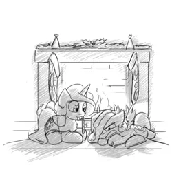 Size: 1280x1280 | Tagged: safe, artist:captainhoers, princess celestia, princess luna, alicorn, pony, candy, candy cane, cewestia, christmas, christmas stocking, clothes, duo, eating, female, filly, fireplace, food, grayscale, hat, holiday, lying down, monochrome, mouth hold, prone, royal sisters, santa hat, siblings, sisters, sketch, socks, stockings, thigh highs, woona, younger