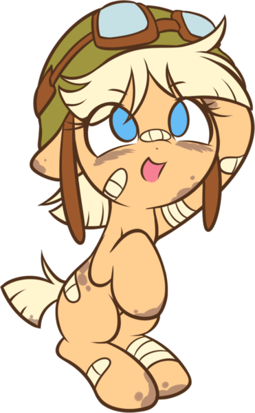 Size: 582x942 | Tagged: safe, artist:pestil, banned from derpibooru, oc:oasis (shino), earth pony, pony, bandage, bandaid, cute, eye clipping through hair, female, filly, goggles, helmet, looking up, open mouth, smiling